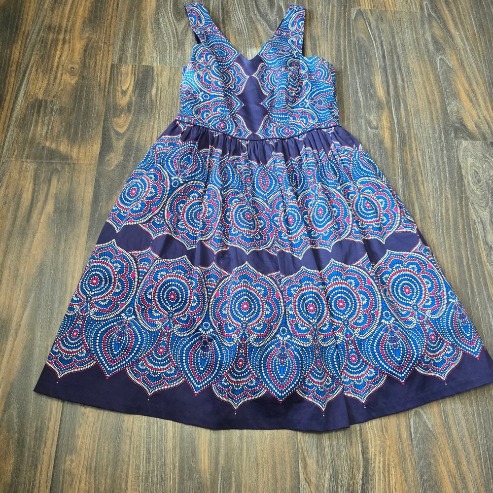 Maggy London Women Purple Blue Medallion Print Fit Flare Dress Pockets Size 8